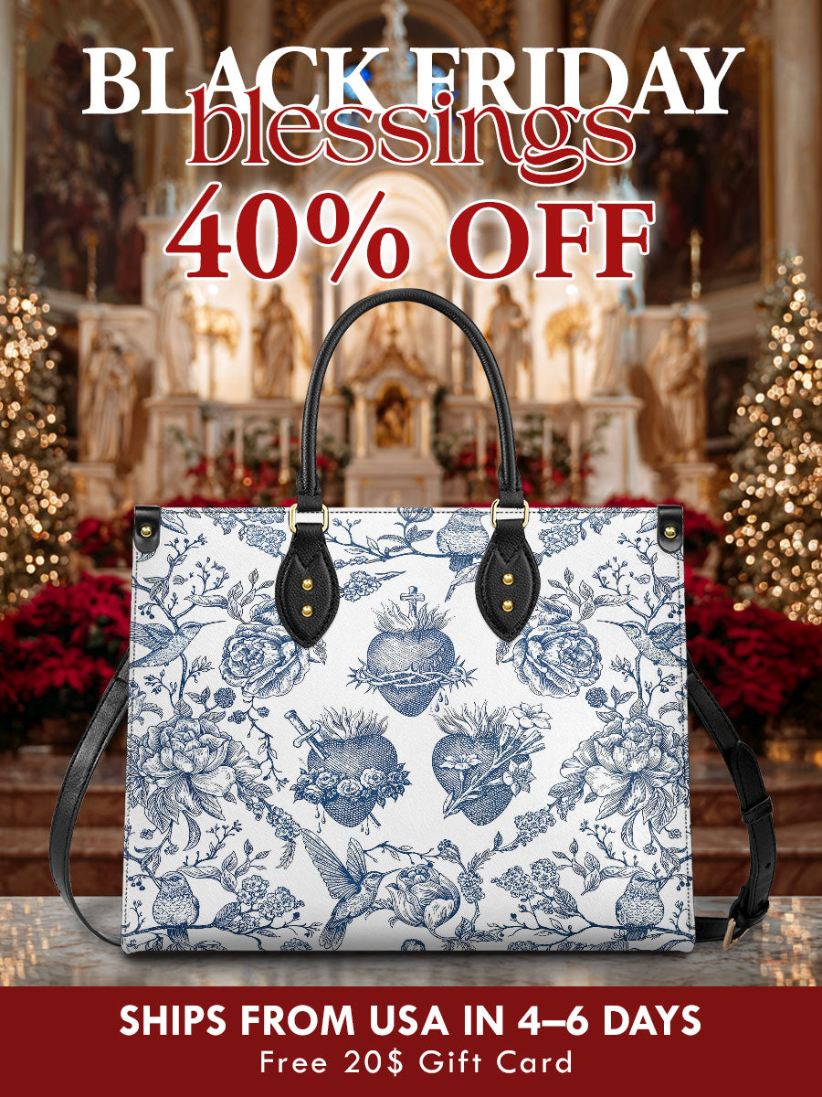 Catholight  Sacred Elegance: Blue and White Devotion Leather Bag