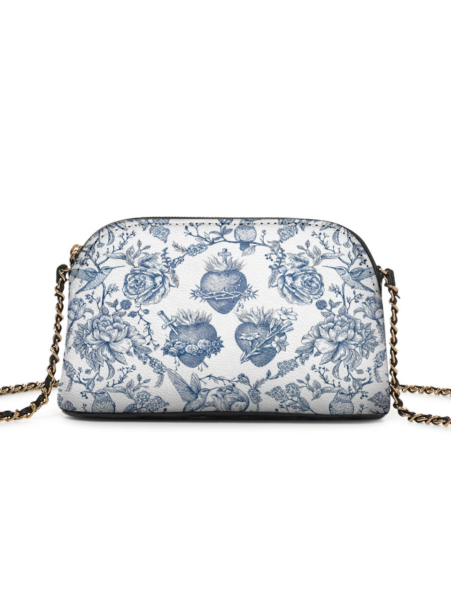 Catholight Sacred Elegance: Blue and White Devotion Leather Crossbody Bag