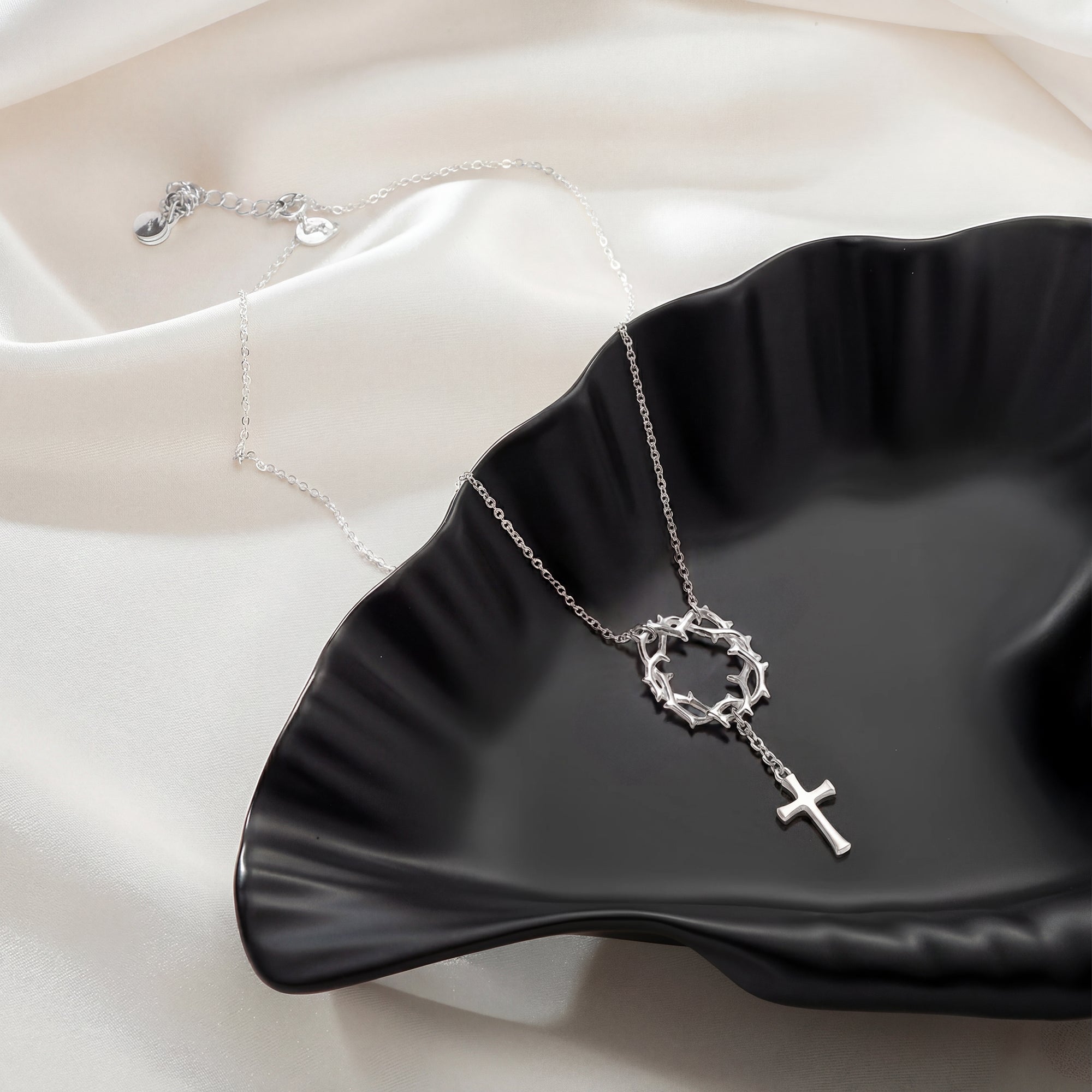 Catholight Crown of Thorns Cross Necklace in Sterling Silver