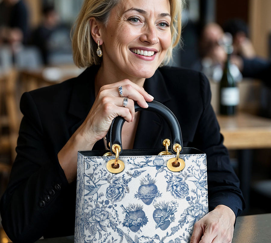 Catholight Sacred Elegance: Blue and White Devotion Lady Leather Bag