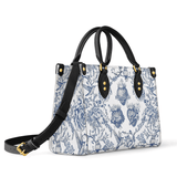 Heilige Eleganz: Blau-weiße Devotion-Ledertasche