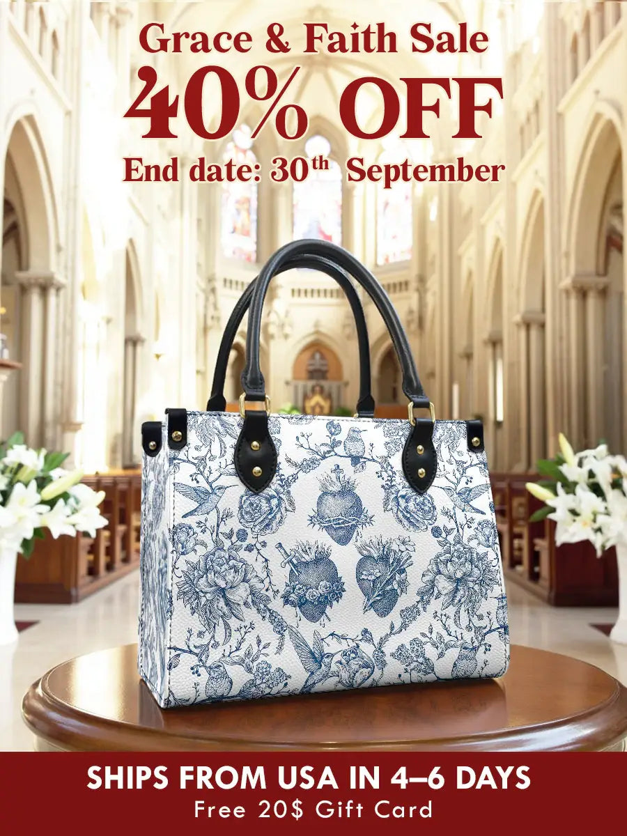 Catholight  Sacred Elegance: Blue and White Devotion Leather Bag
