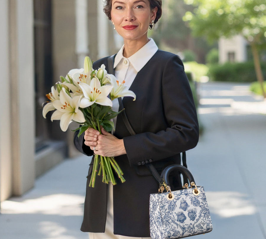 Catholight Sacred Elegance: Blue and White Devotion Lady Leather Bag