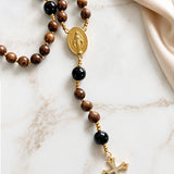 Catholight Carmel Faith Natural Wood & Black Agate Rosary